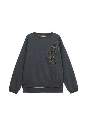 Dark gray sweatshirt with a round neckline, ribbed cuffs, and hem. Features intricate beaded floral embellishment on the left side.