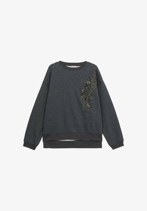 Dark gray sweatshirt with a round neckline, ribbed cuffs, and hem. Features intricate beaded floral embellishment on the left side.