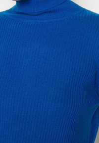 Pull à col roulé côtelé bleu vif, avec une texture douce et une coupe ajustée, s'étendant jusqu'au col pour plus de chaleur et de style.