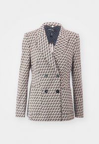 Doppelt-knopf blazer aus gemustertem Stoff mit einem geometrischen Design in Pink, Schwarz und Creme. Hervorzuhebende Details sind zwei Taschen vorne und ein gepunktetes Futter.