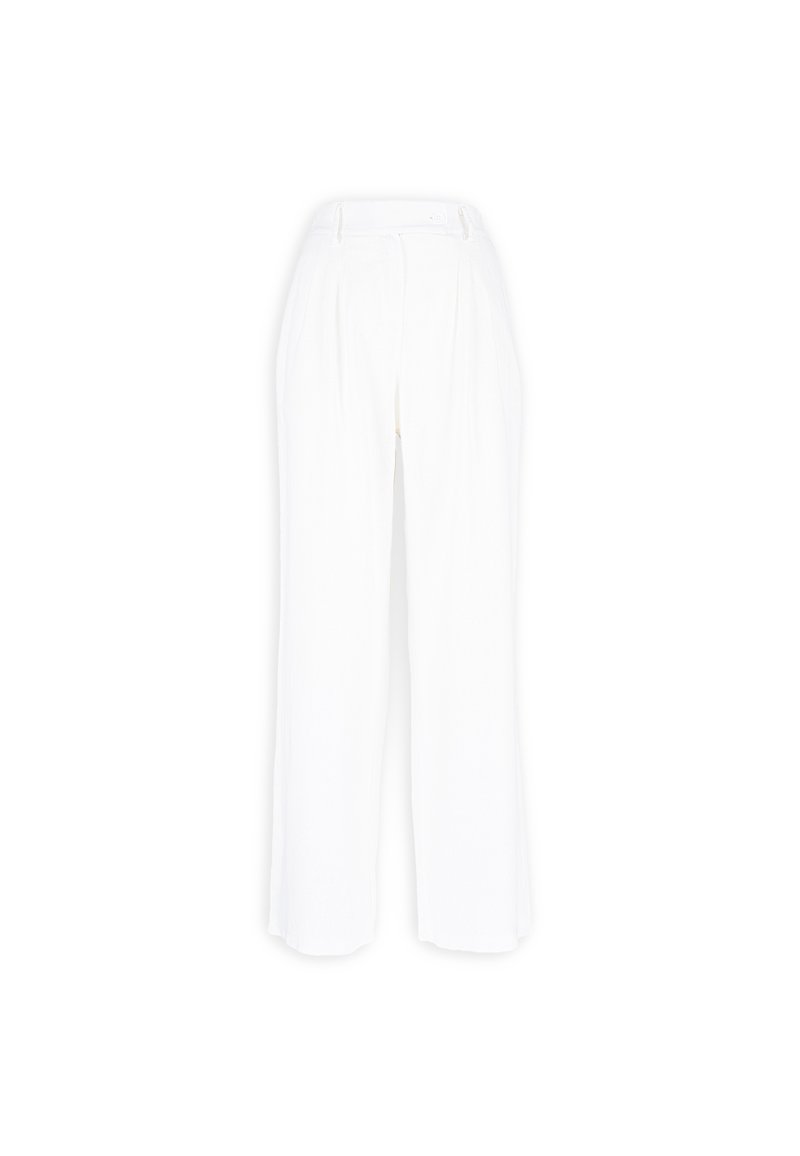 Witte, loszittende broek gemaakt van lichtgewicht stof, met een hoge taille, voorplooien en een rechte pijpdesign.