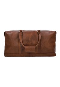 Sac de voyage en cuir marron avec une texture lisse, de forme rectangulaire, avec des poignées robustes et une fermeture éclair. Présente une petite étiquette rectangulaire sur le devant.