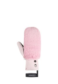 Rosa Handschuhe mit flauschigem, strukturiertem Obermaterial und glattem, weichem Untermaterial. Sie verfügen über zwei silberne Knöpfe und einen schwarzen Riemen für sicheren Halt.