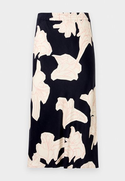 Φλοράλ μίντι φούστα σε μαύρο ύφασμα, με μεγάλα ανοιχτό ροζ φλοράλ μοτίβα, ελαστική μέση και λεία, ρέουσα υφή.