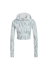 Haut de sweat à capuche cropped gris clair et blanc avec fermeture éclair complète, manches longues, motif animal subtil et petit logo Adidas sur la poitrine.