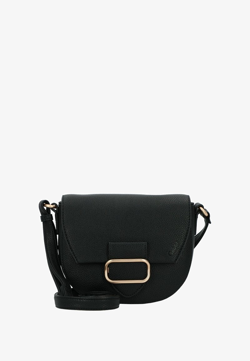 Borsa a tracolla in pelle nera con texture, chiusura a patta, fibbia rettangolare dorata e tracolla regolabile.