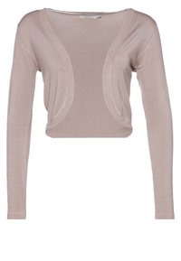 Beige kort cardigan med långa ärmar, V-ringning och öppen framsida. Tillverkad av lätt, strukturerad stickad tyg. Enkel och mångsidig.