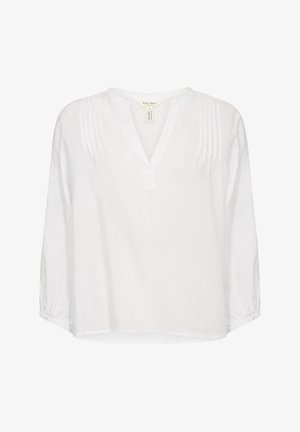 Bela lanena bluza z V-izrezom, rokavi do tri četrtine in pregibnim detajlom spredaj. Sproščen kroj z rahlo ukrivljenim robom.