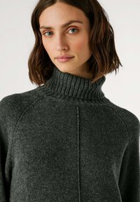 Maglione grigio in lana con collo a dolcevita e texture sottile. Presenta maniche a raglan e una cucitura verticale sulla parte anteriore.