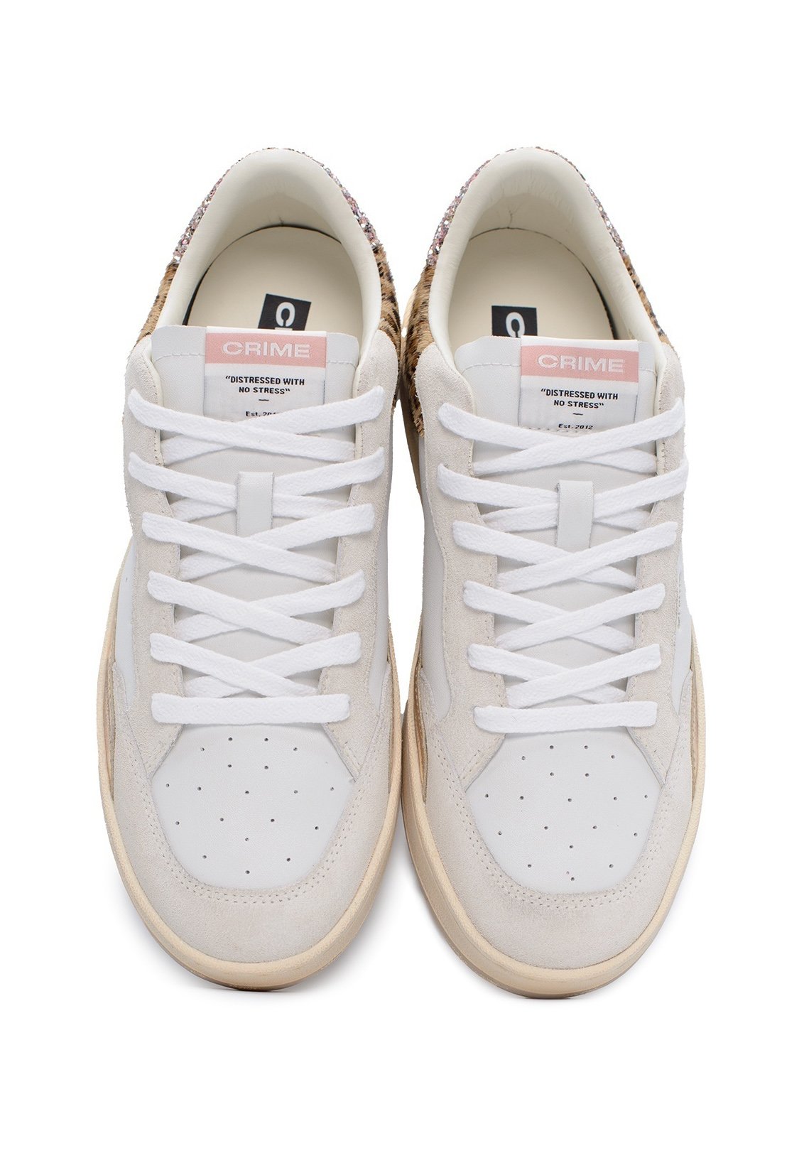 Crime London Sneaker Donna Chelsea In Pelle White DS25CR03 - Tomaia Pelle Con Dettagli Leopardati E Glitter, Suola Vintage (Bianco, Tacco 3cm)