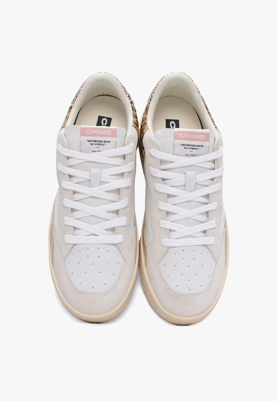 Crime London Sneaker Donna Chelsea In Pelle White DS25CR03 - Tomaia Pelle Con Dettagli Leopardati E Glitter, Suola Vintage (Bianco, Tacco 3cm)
