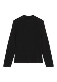 Pull en maille côtelée noire avec un col rond et des manches longues, présentant un ourlet droit et un tissu texturé. Aucune décoration visible.