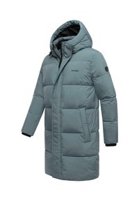 Padded coat in light teal, featuring a hood, front zipper, and side pockets. Black accents at cuffs and branding on the chest.
