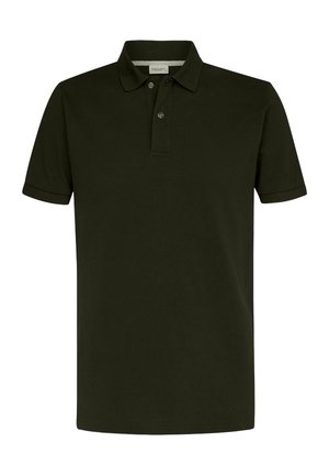 Dunkelgrünes Poloshirt aus Baumwolle mit Kragen, Knopfleiste mit zwei Knöpfen und kurzen Ärmeln mit gerippten Bündchen.