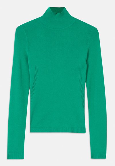 Roheline kõrge kaelusega kampsun, mis on valmistatud ribakudumist, millel on pikad varrukad ja peen külgõmbluse detail, mis annab sleek ja sobiva välimuse.