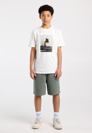 Jongen die vooruit kijkt, draagt een wit T-shirt met een skateboarderafbeelding en de tekst "CALIFORNIA", groene korte broek en witte sneakers.