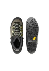 Graue Kletterschuhe mit einem Obermaterial aus Wildleder, einer schwarzen Gummisohle mit Traktionsmustern und einem Vibram-Logo, die mit grünen und grauen Schnürsenkeln gesichert sind.