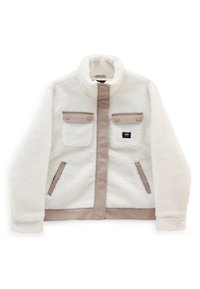 Hvid fleecejakke med høj krave, beige detaljer, to brystlommer, sidelommer og en glat frontlukning. Blødt, struktureret stof.