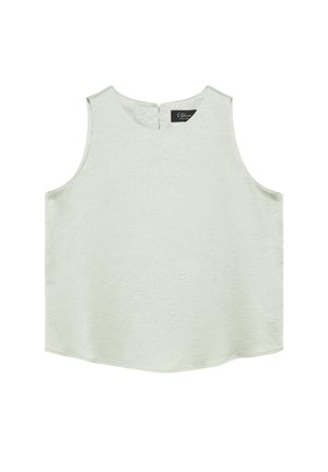 Mouwloze lichtbeige getextureerde top met ronde hals en ritssluiting aan de achterkant, eenvoudig en losse pasvorm.