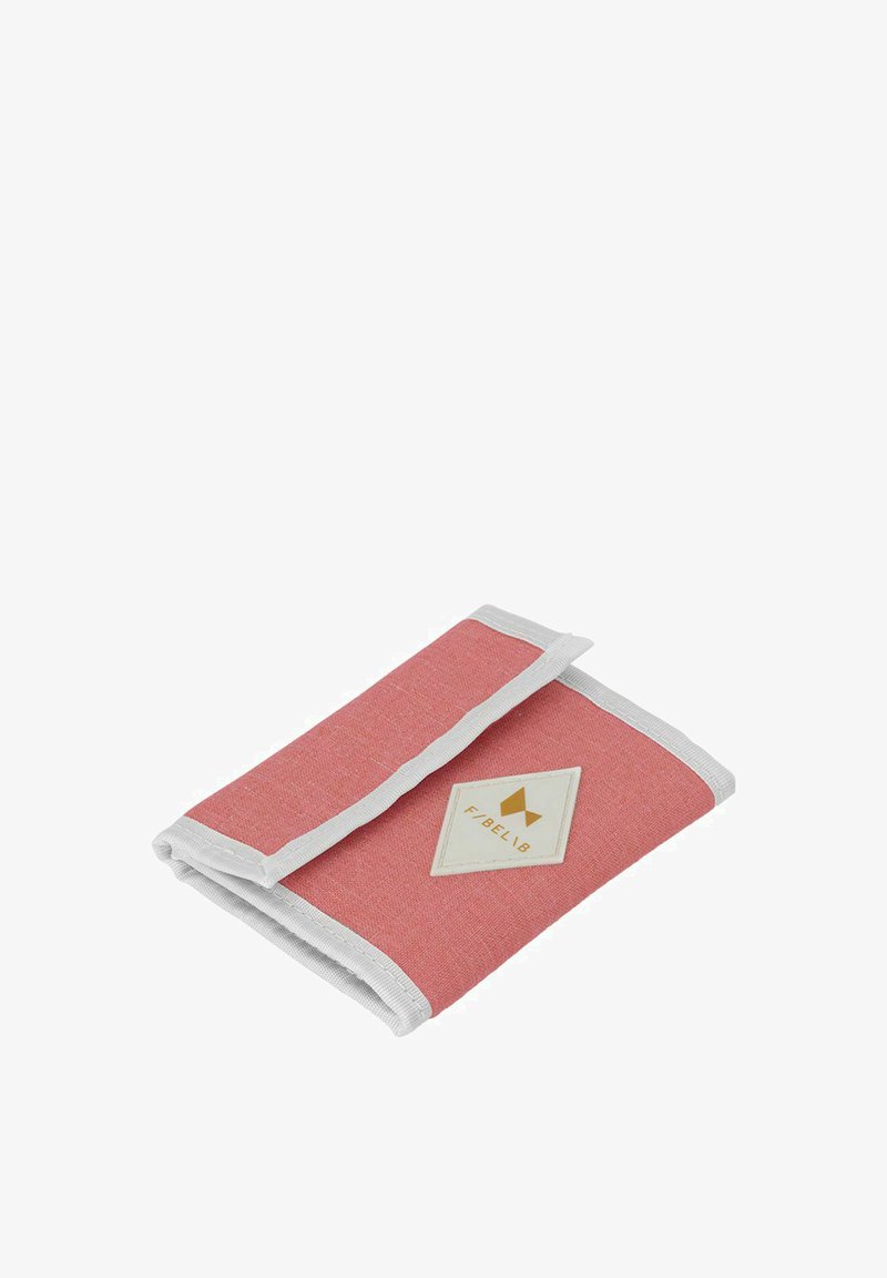Coral fabric wallet with white trim, featuring a diamond-shaped logo patch. Folded design, soft texture, compact shape for portability.