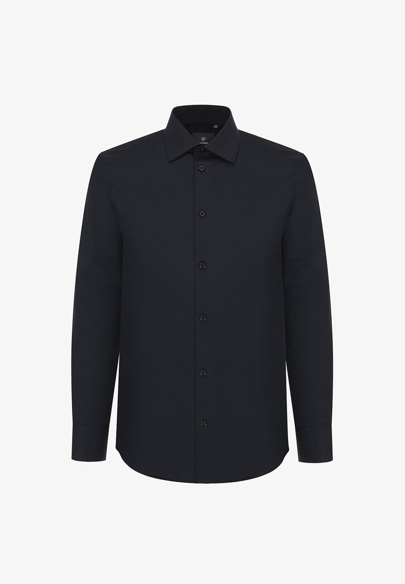 Czarna, długorękawowa koszula zapinana na guziki z klasycznym kołnierzykiem, charakteryzująca się gładką fakturą i siedmioma guzikami z przodu.