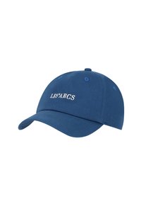 Cappellino da baseball blu in cotone con visiera curva, dotato di scritta ricamata bianca "LE'S'ARCS" sulla parte anteriore e sei occhiali di ventilazione.