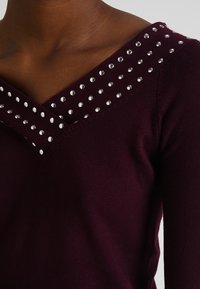 Burgundy sweater with a V-neckline, featuring silver studs along the neckline. Soft texture, fitted design, and long sleeves.
