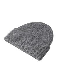 Grijze gebreide beanie met een zachte, gestructureerde afwerking. Heeft een omgeslagen rand en een afgeronde top. Ontworpen voor warmte en comfort in koud weer.