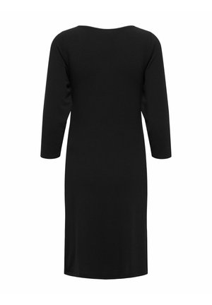 Černé šaty s tříčtvrtečními rukávy a kulatým výstřihem. Vyrobeny z hladké tkaniny, s jednoduchým, rovně střiženým designem.