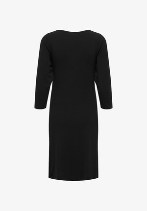 Juodas suknelė su trimis ketvirtadaliais rankovėmis ir apvaliu iškirpimu. Pagaminta iš lygaus audinio, pasižyminti paprastu, tiesiu kirpimu.