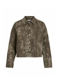 Veste courte en motif serpent texturé brun et gris, avec un col et des boutons pression à l'avant.
