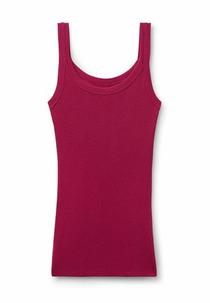 Gestreifter Tanktop in Magenta mit Rundhalsausschnitt und schmalen Trägern. Hergestellt aus dehnbarem Stoff für eine figurbetonte Silhouette.