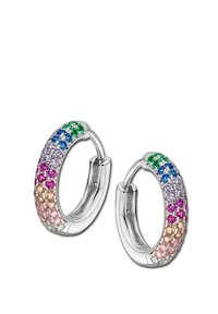 Boucles d'oreilles créoles en argent ornées de pierres précieuses multicolores aux teintes vertes, bleues, roses et violettes, avec une finition lisse et polie.