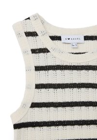 Canotta lavorata a maglia color crema con strisce orizzontali nere. Presenta un collo rotondo e un tessuto testurizzato con dettagli a maglia aperta. Etichetta del brand visibile.
