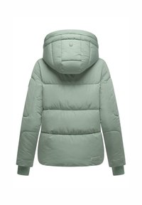 Light green puffer jacket with a hood, featuring stitched sections, side pockets, and ribbed cuffs. Smooth texture and minimal detailing.