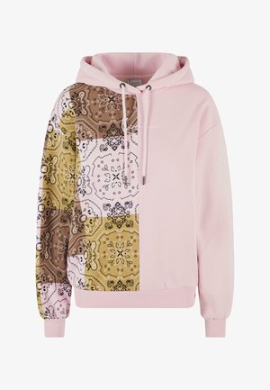 Mikina s kapucí růžového těla; vzorovaná patchwork v hnědé, žluté a bílé barvě s propracovanými vzory; šňůrka na stažení a žebrované manžety.