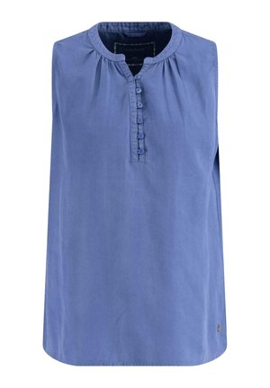 Blusa senza maniche blu con scollatura rotonda, chiusura frontale con bottoni e dettagli arricciati al colletto. Tessuto morbido e taglio regolare.