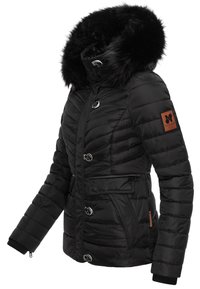 Black puffer jacket with a faux fur hood, quilted design, silver buttons, side pockets, and ribbed cuffs. Brown accent patch on sleeve.