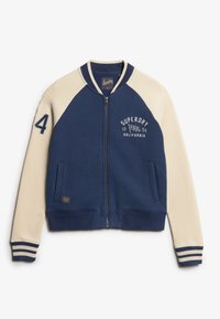 Granatowo-kremowa bluza na zamek z raglanowymi rękawami, ściągaczami na mankietach i u dołu. Z logo "SUPERDRY" oraz numerem 4 na rękawie.