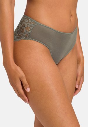 Lace and mesh high-waisted panties in olive green, featuring floral lace accents on the sides and smooth elastic waistband.
