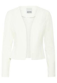 Blazer blanc court à manches longues, texture lisse, devant ouvert, avec une étiquette à l'intérieur indiquant la marque "ICHI".