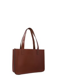 Borsa a mano in pelle marrone con doppi manici e corpo rettangolare liscio, mostrata su sfondo bianco.