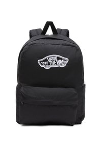 Czarny plecak z tkaniny z wyściełanymi szelkami, przednia kieszeń na zamek błyskawiczny oraz białe haftowane logo "Vans Off The Wall" na przedzie.