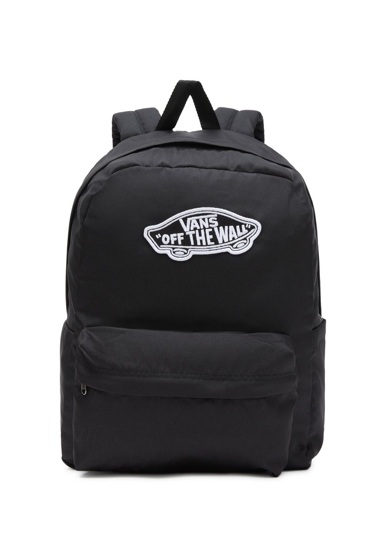 Czarny plecak z tkaniny z wyściełanymi szelkami, przednia kieszeń na zamek błyskawiczny oraz białe haftowane logo "Vans Off The Wall" na przedzie.