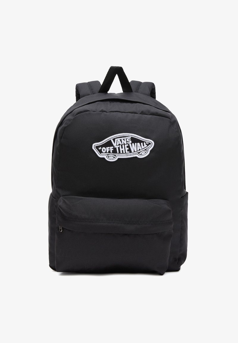 Czarny plecak z tkaniny z wyściełanymi szelkami, przednia kieszeń na zamek błyskawiczny oraz białe haftowane logo "Vans Off The Wall" na przedzie.
