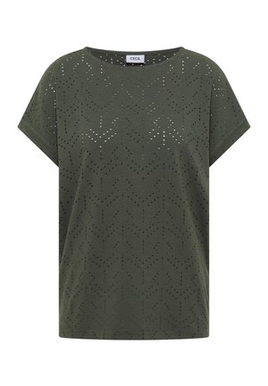 Oliwkowy dzianinowy top z krótkim rękawem, okrągłym dekoltem i drobnym geometrycznym wzorem ażurowym na całej powierzchni.