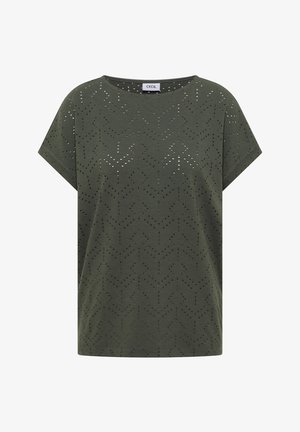 Olivgrünes Strickoberteil mit kurzen Ärmeln, rundem Ausschnitt und kleinem geometrischem Lochmuster überall.