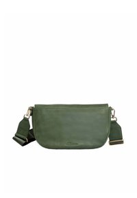 Groene leren schoudertas met een gladde textuur, goudenHardware en een verstelbare schouderriem. Eenvoudig ontwerp met een bovenste ritssluiting.