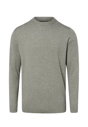 Pull gris clair à manches longues avec col rond, en tissu tricoté doux avec une silhouette ajustée.