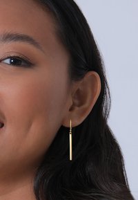 Pendientes colgantes en tono dorado que presentan un diseño de barra delgada y alargada con una superficie lisa, suspendidos de un fino aro.